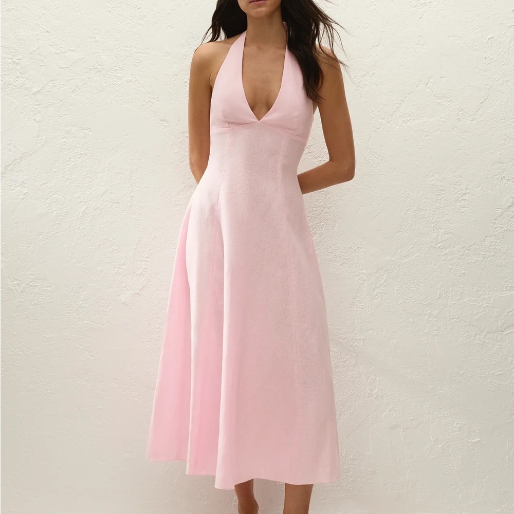 Faithfull the Brand Marais Palazzo Pale Pink Halter V-Neck Midi Dress